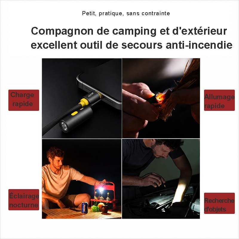 F9206 Câble USB-C vers USB-C 240W, Charge Rapide et Synchronisation de Données 48V 5A, avec Briquet Électrique et Lampe de Poche Intégrés, Câble Tressé en Alliage de Zinc, 1,2 m Noir