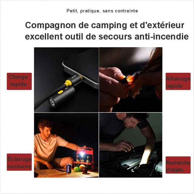 F9206 Câble USB-C vers USB-C 240W, Charge Rapide et Synchronisation de Données 48V 5A, avec Briquet Électrique et Lampe de Poche Intégrés, Câble Tressé en Alliage de Zinc, 1,2 m Noir