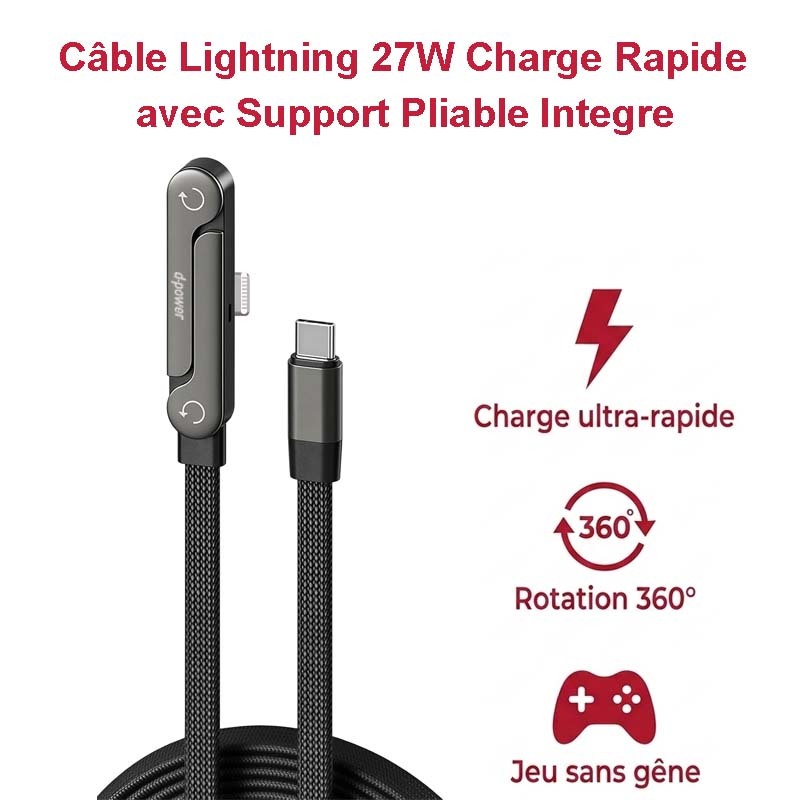 F9205  USB C to Lightning Cable, 27W PD Fast Charging Cord with Built-in Foldable Phone Stand, 360° Rotatable Braided Charger Cable, Right Angle Game-Friendly Design for iPhone iPad