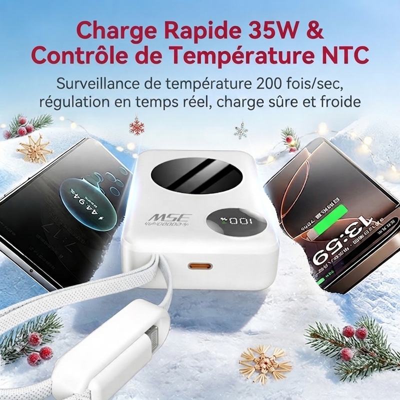 P8290 Chargeur portable 35 W 10 000 mAh avec câbles USB-C et iOS intégrés, batterie externe à charge rapide avec miroir de maquillage et écran LED intelligent, batterie à contrôle de température NTC compatible avec iPhone, Samsung et iPad - Blanc