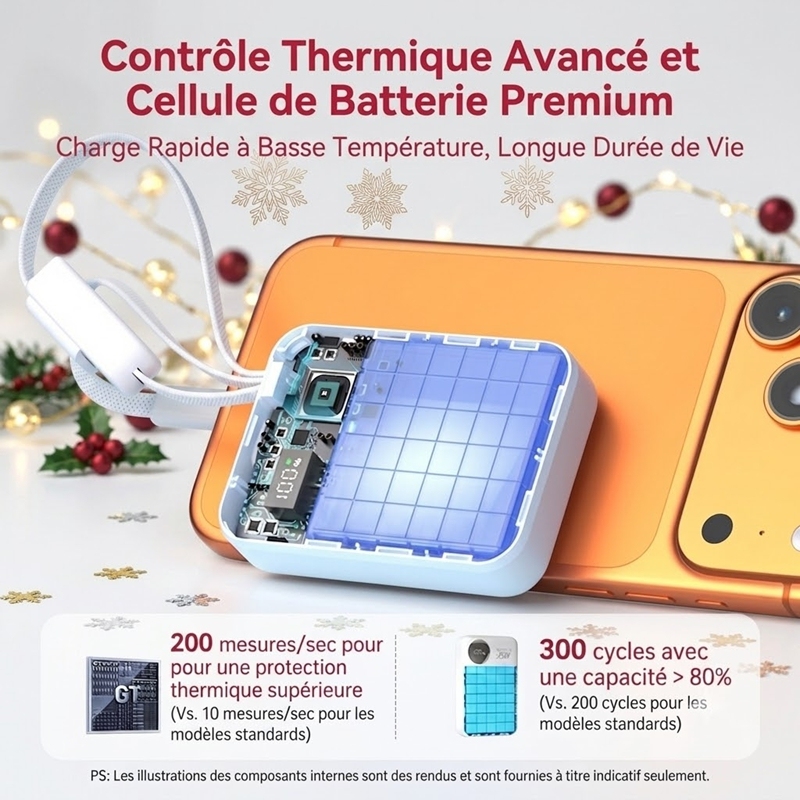 P8290 Chargeur portable 35 W 10 000 mAh avec câbles USB-C et iOS intégrés, batterie externe à charge rapide avec miroir de maquillage et écran LED intelligent, batterie à contrôle de température NTC compatible avec iPhone, Samsung et iPad - Blanc