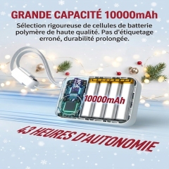 P8290 Chargeur portable 35 W 10 000 mAh avec câbles USB-C et iOS intégrés, batterie externe à charge rapide avec miroir de maquillage et écran LED intelligent, batterie à contrôle de température NTC compatible avec iPhone, Samsung et iPad - Blanc