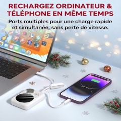 P8290 Chargeur portable 35 W 10 000 mAh avec câbles USB-C et iOS intégrés, batterie externe à charge rapide avec miroir de maquillage et écran LED intelligent, batterie à contrôle de température NTC compatible avec iPhone, Samsung et iPad - Blanc