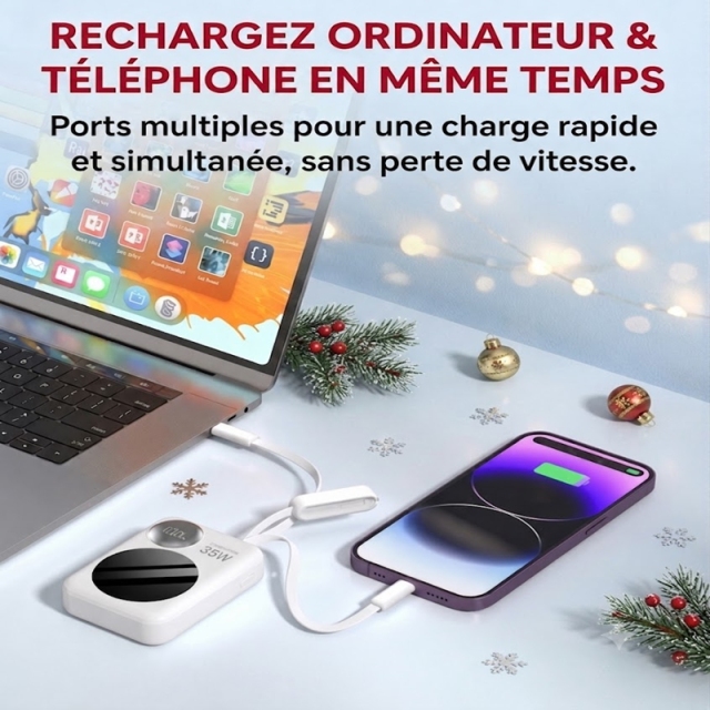 P8290 Chargeur portable 35 W 10 000 mAh avec câbles USB-C et iOS intégrés, batterie externe à charge rapide avec miroir de maquillage et écran LED intelligent, batterie à contrôle de température NTC compatible avec iPhone, Samsung et iPad - Blanc