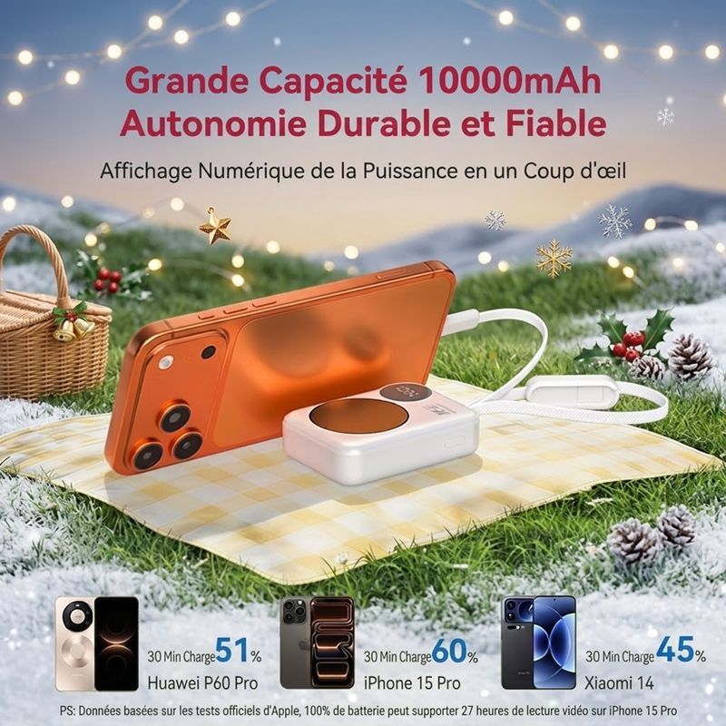 P8290 Chargeur portable 35 W 10 000 mAh avec câbles USB-C et iOS intégrés, batterie externe à charge rapide avec miroir de maquillage et écran LED intelligent, batterie à contrôle de température NTC compatible avec iPhone, Samsung et iPad - Blanc