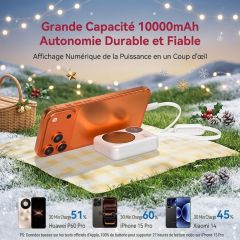 P8290 Chargeur portable 35 W 10 000 mAh avec câbles USB-C et iOS intégrés, batterie externe à charge rapide avec miroir de maquillage et écran LED intelligent, batterie à contrôle de température NTC compatible avec iPhone, Samsung et iPad - Blanc