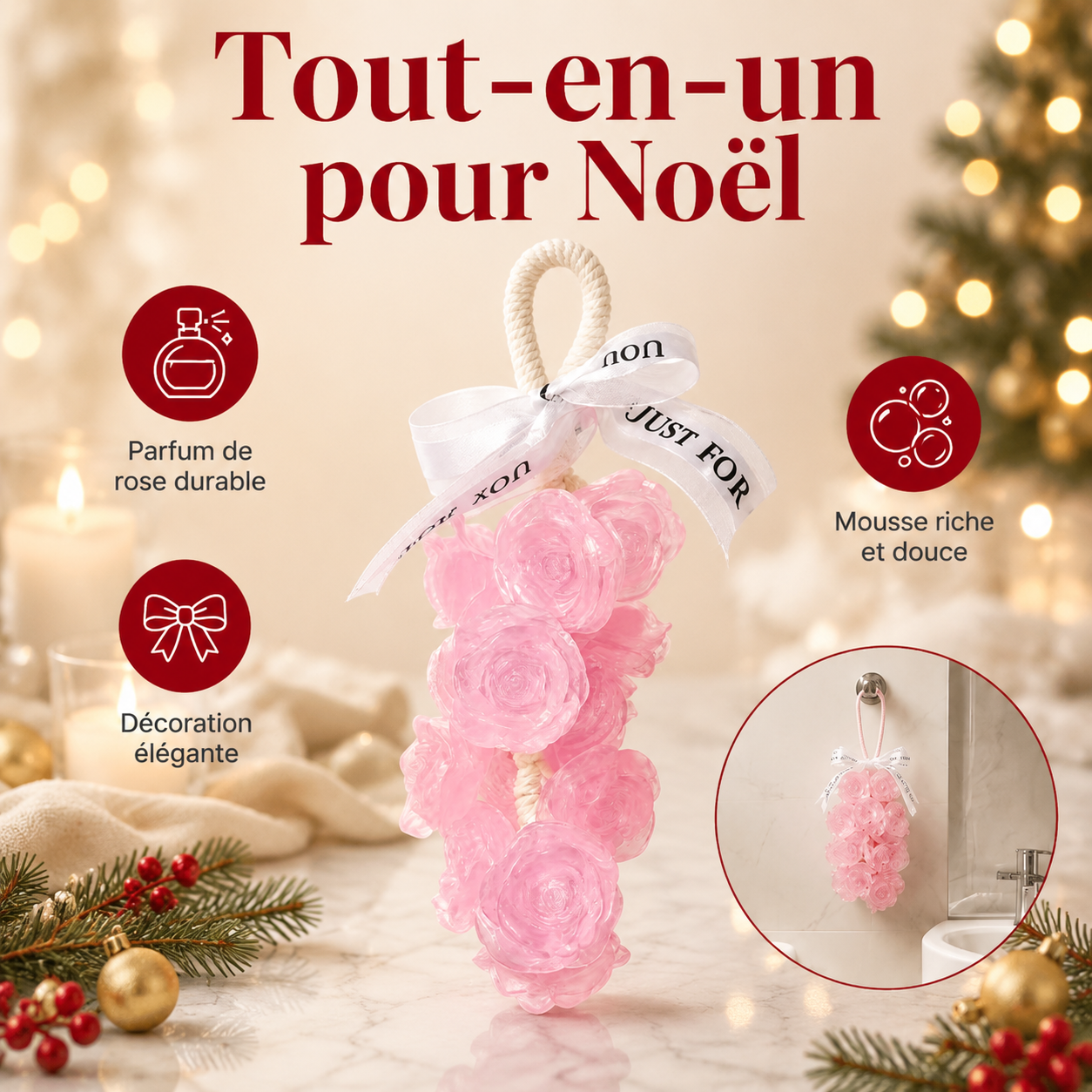 Grappe de Savons Parfumés en Forme de Roses Rose Poudré – Savon Suspendu Translucide à la Rose avec Corde – Idée Cadeau Originale & Raffinée pour Femme, Décoration & Soin du Corps