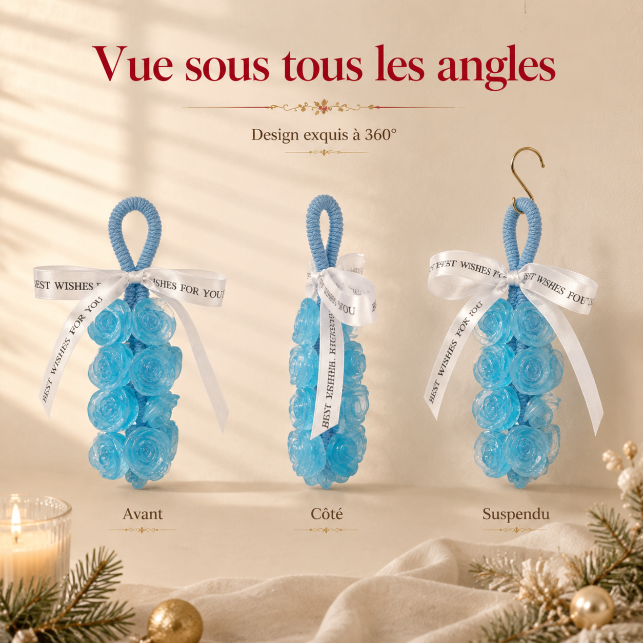 Grappe de Savons Parfumé Bleu Azur en Forme de Roses – Pendentif Aromatique Suspendu Translucide pour Maison, Armoire & Sapin de Noël – Idée Cadeau Féerique & Décoration Élégante