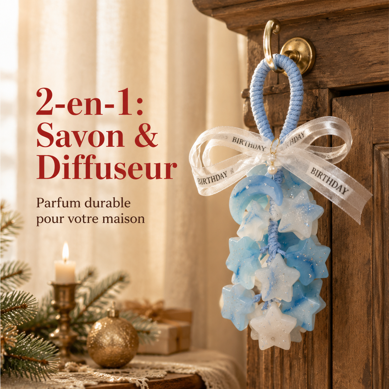 Grappe de Savon Artisanal Étoile & Lune – Pendentif Parfumé au Raisin & Huiles Essentielles, Texture Cristalline – Diffuseur d'Ambiance 2-en-1 pour Dressing, Voiture, Noël & Anniversaire