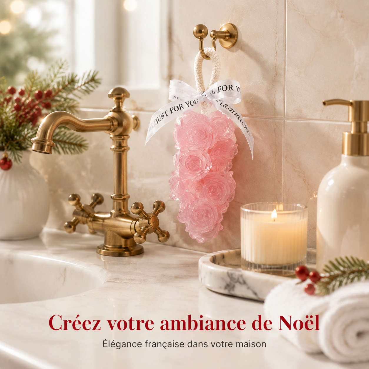 Grappe de Savons Parfumés en Forme de Roses Rose Poudré – Savon Suspendu Translucide à la Rose avec Corde – Idée Cadeau Originale & Raffinée pour Femme, Décoration & Soin du Corps