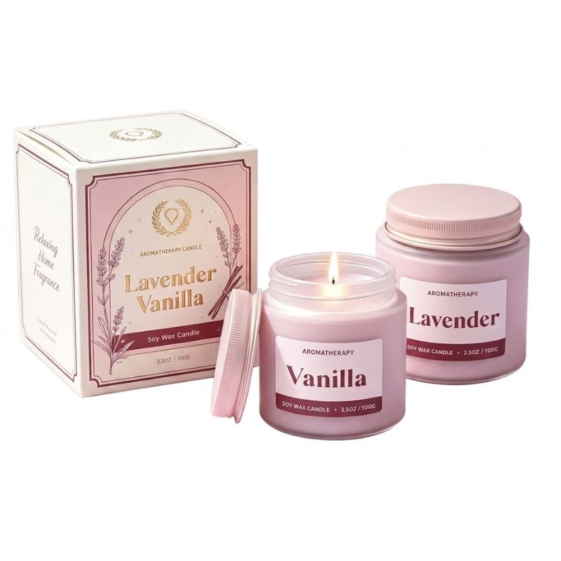 Lavender Vanilla Soy Aromatherapy Candle 3.5oz Mini Pink Frosted Glass Jar with Aluminum Lid, 100% Natural Smokeless Paraffin-Free Wax, Relaxing Sleep Scent Portable Candle, Elegant Christmas Secret Santa Gift for Women