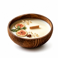 Bougie Parfumée Artisanale en Coque de Coco Parfum Figue et Basilic, Cire de Soja Naturelle Mèche en Bois Crépitante, Décoration Noël Écologique Sûre pour Bébés et Animaux