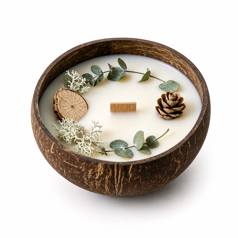 Handmade Coconut Shell Soy Candle, Cedar & Moss Forest Scent Crackling Wooden Wick Candle, Natural Dried Pinecone Eucalyptus Eco Christmas Candle Safe for Baby & Pets