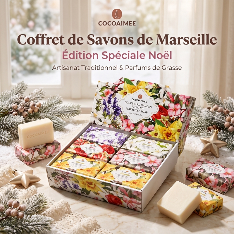 CG-MS-180 COCOAIMEE Marseille Scented Soap Gift Set, 6×180g Floral Natural Plant‑Based Soap for Body Face Hand, Gentle for Sensitive Skin Christmas Gift Box