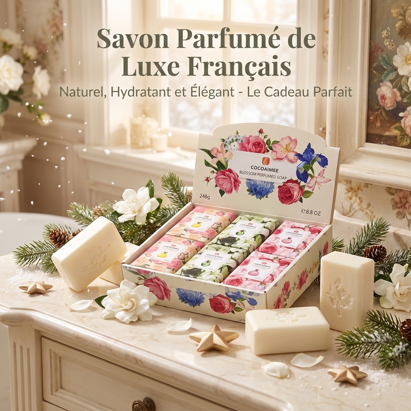 BL-PS-248 COCOAIMEE Luxury French Scented Soap Gift Set, 6×248g XL Shea Butter Natural Bar Soap for Face Body Hands, Sensitive Skin Friendly, Holiday Christmas Gift Box