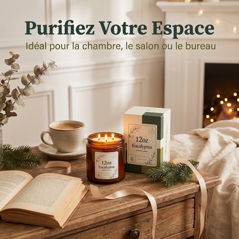 Bougie Parfumée à l’Eucalyptus 12oz, Bougie 3 Mèches en Pot Ambré, Parfum d’ambiance longue durée pour Chambre Salon Bureau, Coffret Cadeau Luxe Noël & Anniversaire