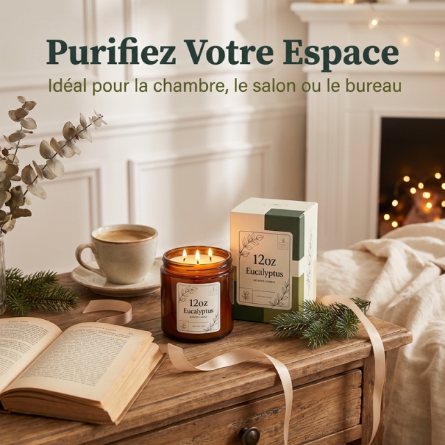 Bougie Parfumée à l’Eucalyptus 12oz, Bougie 3 Mèches en Pot Ambré, Parfum d’ambiance longue durée pour Chambre Salon Bureau, Coffret Cadeau Luxe Noël & Anniversaire
