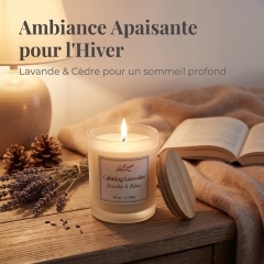Bougie Parfumée Lavande Apaisante, Bougie en Verre Givré 200g Cire de Soja Naturelle avec Couvercle en Bois, Parfum Lavande Cèdre Musc Doux Aromathérapie, Coffret Luxe Idéal Cadeau Noël et Panier Cadeau