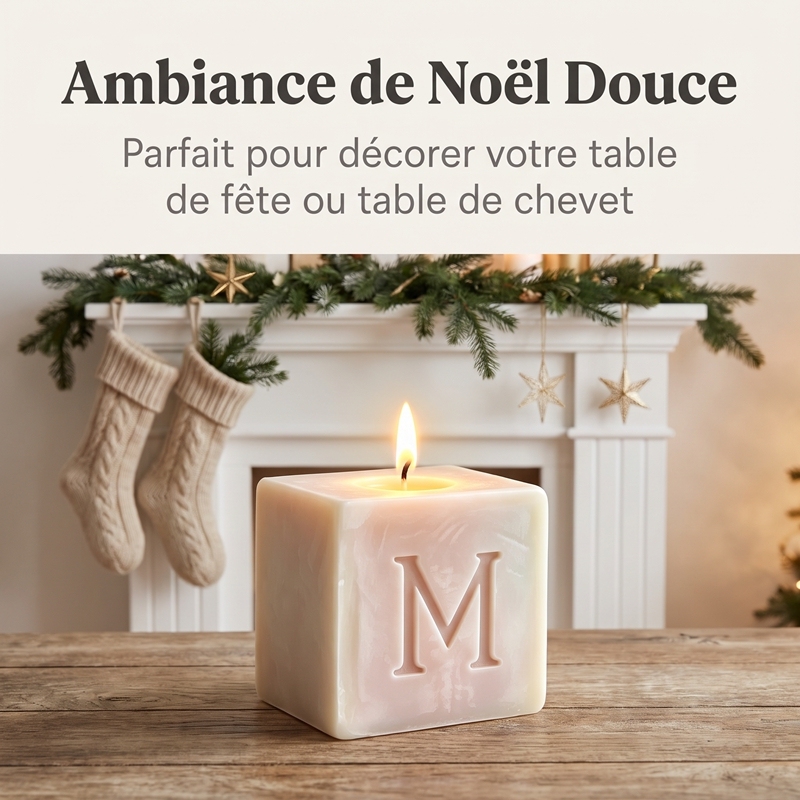 Bougie Parfumée Cube Lettre M Personnalisée Cire de Soja Naturelle Coulée à la Main Texture Marbrée, Parfum Vanille & Sapin, Coffret Cadeau Luxe Doré, Déco Noël Personnalisé, Cadeau d’entreprise et Amis pour Chambre et Table
