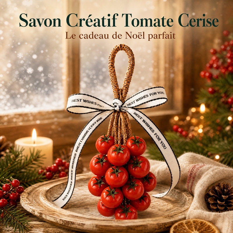 Savon Artisanal Suspendu en Grappe de Tomates Cerises, Savon de Bain Modèle 3D pour Visage Mains et Corps, Corde en Rotin Séchage Rapide, Savon Parfumé Décoratif Cadeau Noël Pendaison Anniversaire
