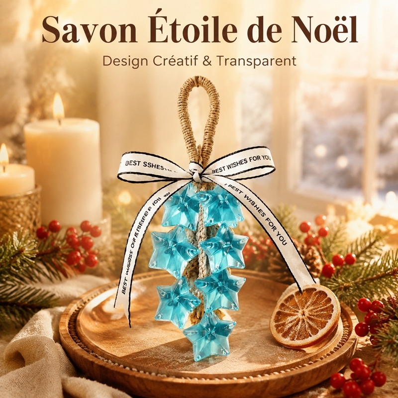 Guirlande de Savon Suspendu en Étoiles Bleues Transparentes, Savon de Bain Parfumé Artisanal Forme Étoile de Noël avec Boucle en Rotin, Savon Décoratif Séchage Rapide Anti-Fonte, Cadeau Unique de Noël pour Déco Salle de Bain, Anniversaire et Pendaison