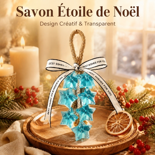 Guirlande de Savon Suspendu en Étoiles Bleues Transparentes, Savon de Bain Parfumé Artisanal Forme Étoile de Noël avec Boucle en Rotin, Savon Décoratif Séchage Rapide Anti-Fonte, Cadeau Unique de Noël pour Déco Salle de Bain, Anniversaire et Pendaison