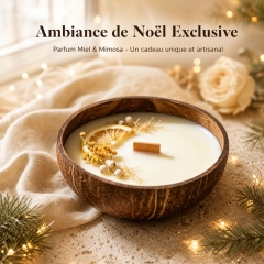 Handmade Coconut Shell Soy Candle, Honey Mimosa Scent Crackling Wooden Wick Scented Candle, Natural Dried Flower Eco Friendly Christmas Gift Safe for Baby & Pet