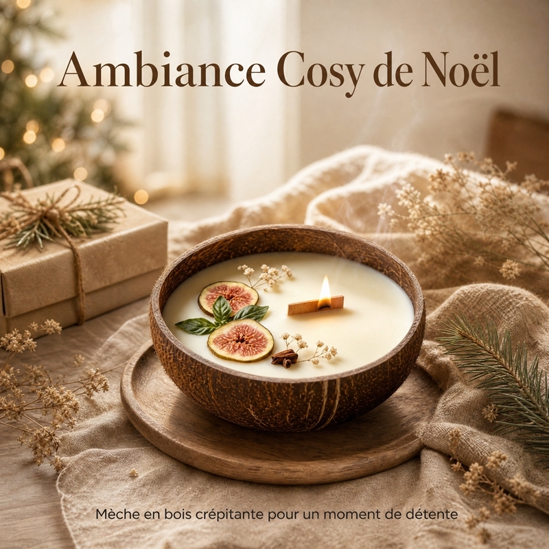 Bougie Parfumée Artisanale en Coque de Coco Parfum Figue et Basilic, Cire de Soja Naturelle Mèche en Bois Crépitante, Décoration Noël Écologique Sûre pour Bébés et Animaux