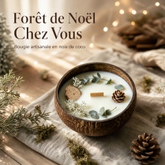 Handmade Coconut Shell Soy Candle, Cedar & Moss Forest Scent Crackling Wooden Wick Candle, Natural Dried Pinecone Eucalyptus Eco Christmas Candle Safe for Baby & Pets