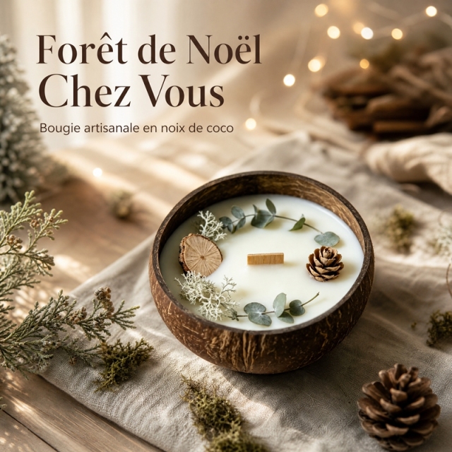 Handmade Coconut Shell Soy Candle, Cedar & Moss Forest Scent Crackling Wooden Wick Candle, Natural Dried Pinecone Eucalyptus Eco Christmas Candle Safe for Baby & Pets