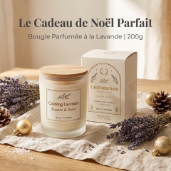 Bougie Parfumée Lavande Apaisante, Bougie en Verre Givré 200g Cire de Soja Naturelle avec Couvercle en Bois, Parfum Lavande Cèdre Musc Doux Aromathérapie, Coffret Luxe Idéal Cadeau Noël et Panier Cadeau