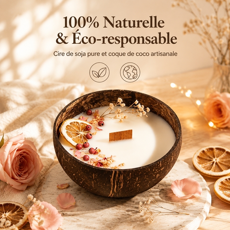 Handmade Coconut Shell Soy Candle | Natural Dried Flower Wooden Wick Scented Candle, Eco Friendly Safe for Family Baby Pet