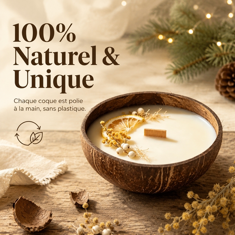 Handmade Coconut Shell Soy Candle, Honey Mimosa Scent Crackling Wooden Wick Scented Candle, Natural Dried Flower Eco Friendly Christmas Gift Safe for Baby & Pet