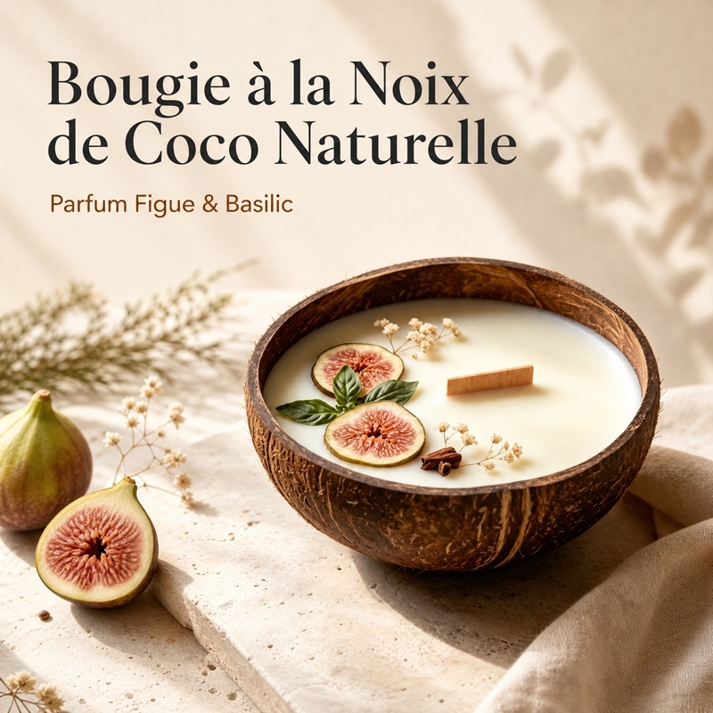 Bougie Parfumée Artisanale en Coque de Coco Parfum Figue et Basilic, Cire de Soja Naturelle Mèche en Bois Crépitante, Décoration Noël Écologique Sûre pour Bébés et Animaux