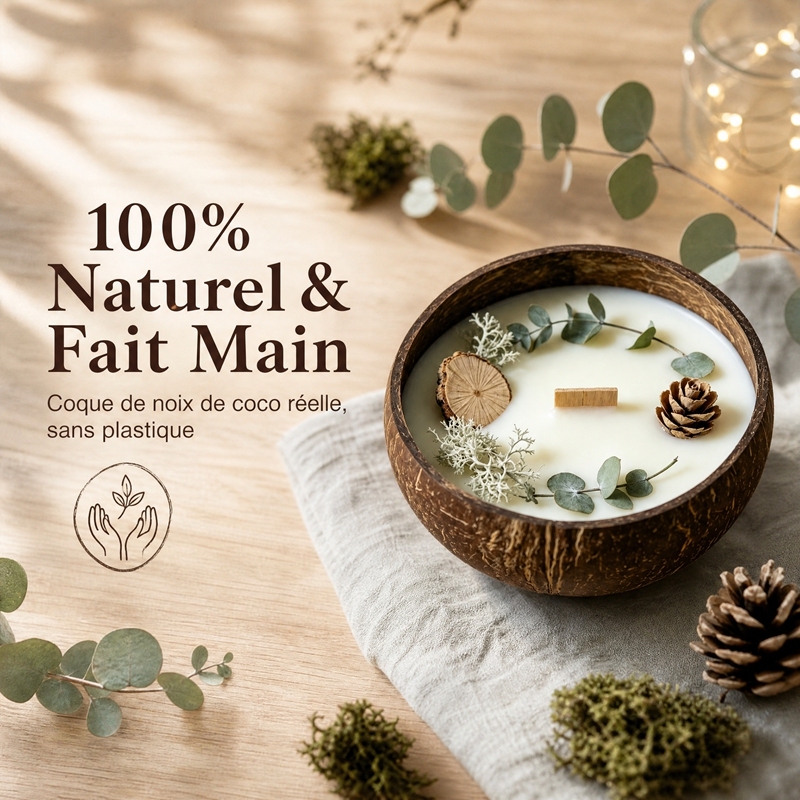 Handmade Coconut Shell Soy Candle, Cedar & Moss Forest Scent Crackling Wooden Wick Candle, Natural Dried Pinecone Eucalyptus Eco Christmas Candle Safe for Baby & Pets
