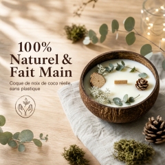 Handmade Coconut Shell Soy Candle, Cedar & Moss Forest Scent Crackling Wooden Wick Candle, Natural Dried Pinecone Eucalyptus Eco Christmas Candle Safe for Baby & Pets