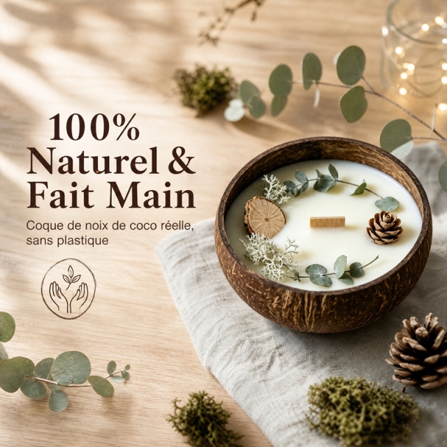 Handmade Coconut Shell Soy Candle, Cedar & Moss Forest Scent Crackling Wooden Wick Candle, Natural Dried Pinecone Eucalyptus Eco Christmas Candle Safe for Baby & Pets