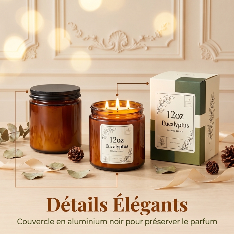 Bougie Parfumée à l’Eucalyptus 12oz, Bougie 3 Mèches en Pot Ambré, Parfum d’ambiance longue durée pour Chambre Salon Bureau, Coffret Cadeau Luxe Noël & Anniversaire
