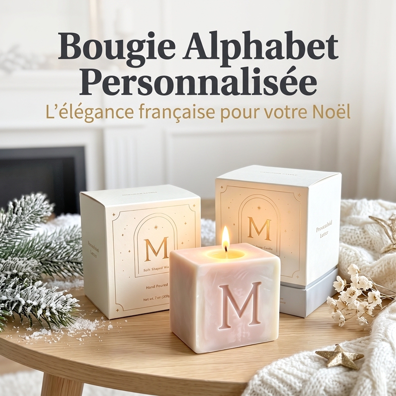 Bougie Parfumée Cube Lettre M Personnalisée Cire de Soja Naturelle Coulée à la Main Texture Marbrée, Parfum Vanille & Sapin, Coffret Cadeau Luxe Doré, Déco Noël Personnalisé, Cadeau d’entreprise et Amis pour Chambre et Table