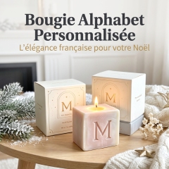Bougie Parfumée Cube Lettre M Personnalisée Cire de Soja Naturelle Coulée à la Main Texture Marbrée, Parfum Vanille & Sapin, Coffret Cadeau Luxe Doré, Déco Noël Personnalisé, Cadeau d’entreprise et Amis pour Chambre et Table