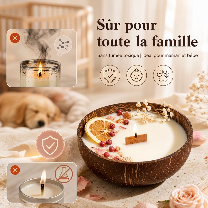 Handmade Coconut Shell Soy Candle | Natural Dried Flower Wooden Wick Scented Candle, Eco Friendly Safe for Family Baby Pet