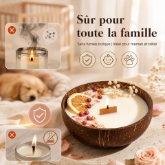 Handmade Coconut Shell Soy Candle | Natural Dried Flower Wooden Wick Scented Candle, Eco Friendly Safe for Family Baby Pet