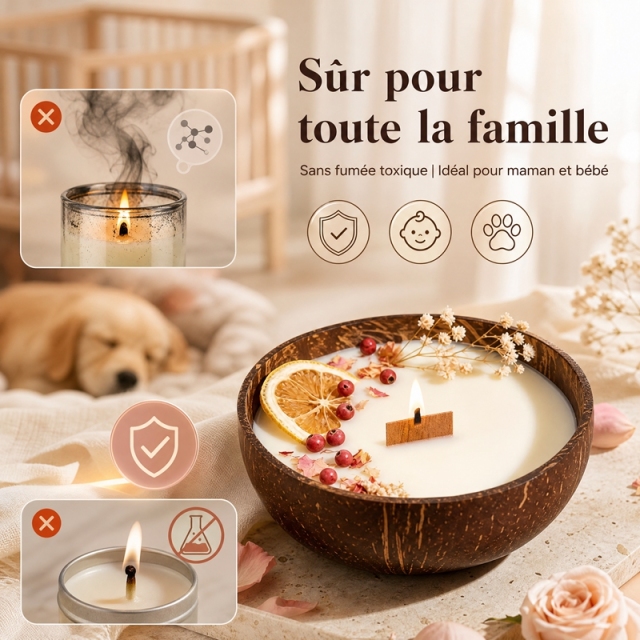 Handmade Coconut Shell Soy Candle | Natural Dried Flower Wooden Wick Scented Candle, Eco Friendly Safe for Family Baby Pet
