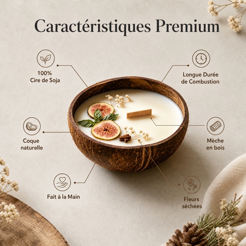 Bougie Parfumée Artisanale en Coque de Coco Parfum Figue et Basilic, Cire de Soja Naturelle Mèche en Bois Crépitante, Décoration Noël Écologique Sûre pour Bébés et Animaux