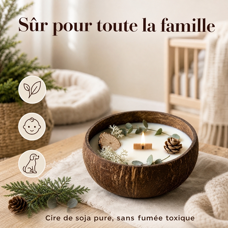 Handmade Coconut Shell Soy Candle, Cedar & Moss Forest Scent Crackling Wooden Wick Candle, Natural Dried Pinecone Eucalyptus Eco Christmas Candle Safe for Baby & Pets