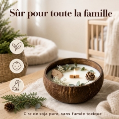 Handmade Coconut Shell Soy Candle, Cedar & Moss Forest Scent Crackling Wooden Wick Candle, Natural Dried Pinecone Eucalyptus Eco Christmas Candle Safe for Baby & Pets
