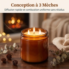 Bougie Parfumée à l’Eucalyptus 12oz, Bougie 3 Mèches en Pot Ambré, Parfum d’ambiance longue durée pour Chambre Salon Bureau, Coffret Cadeau Luxe Noël & Anniversaire