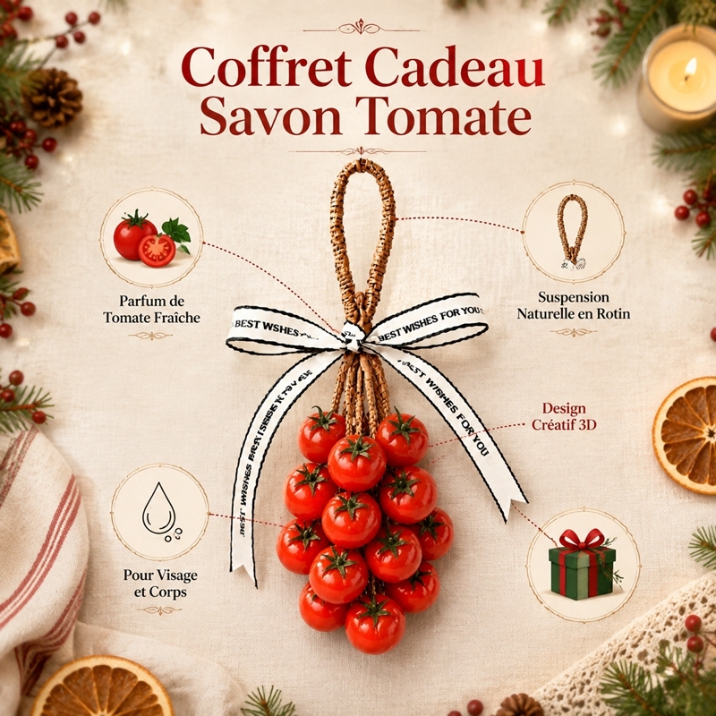 Savon Artisanal Suspendu en Grappe de Tomates Cerises, Savon de Bain Modèle 3D pour Visage Mains et Corps, Corde en Rotin Séchage Rapide, Savon Parfumé Décoratif Cadeau Noël Pendaison Anniversaire