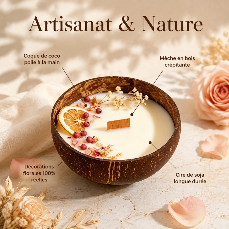 Handmade Coconut Shell Soy Candle | Natural Dried Flower Wooden Wick Scented Candle, Eco Friendly Safe for Family Baby Pet