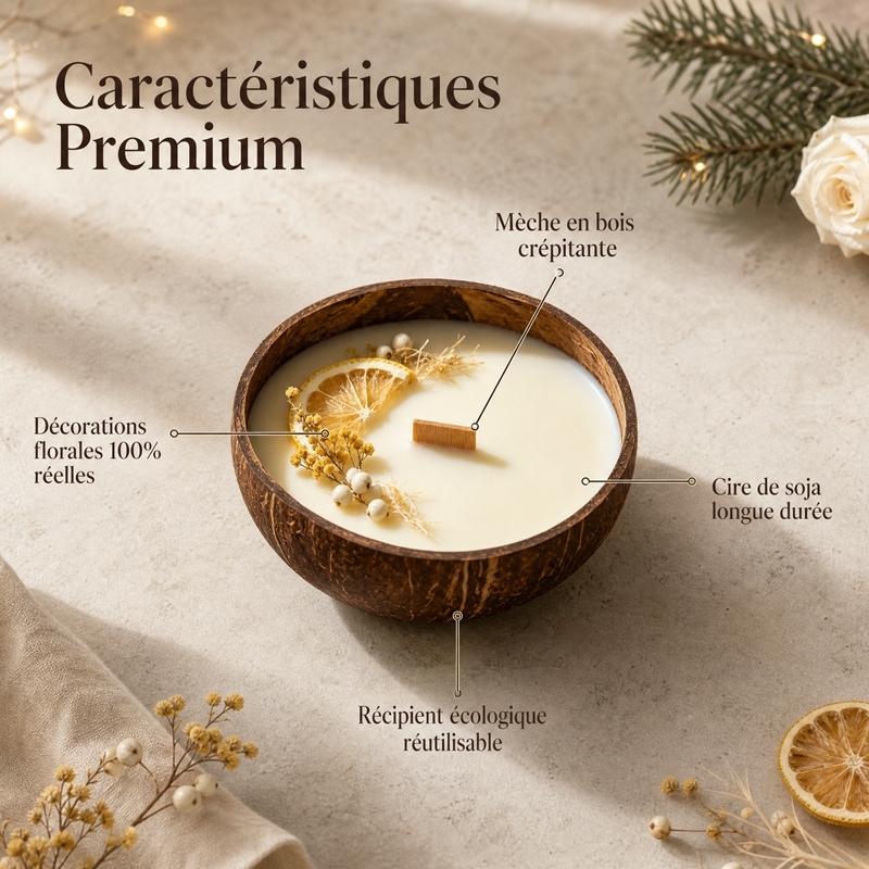 Handmade Coconut Shell Soy Candle, Honey Mimosa Scent Crackling Wooden Wick Scented Candle, Natural Dried Flower Eco Friendly Christmas Gift Safe for Baby & Pet